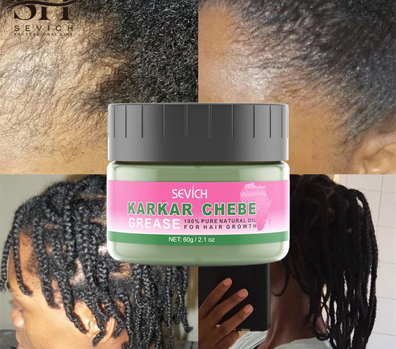 KARKAR Chebe Hair Butter 60g jar showing balm texture and label noting rosemary leaf oil and Chebe blend