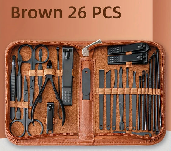 26pc Stainless Nail Kit open showing clippers nippers scissors metal files and zippered travel case