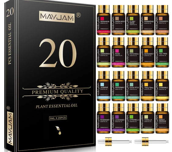 MAYJAM 20x5ml essential oils set amber labeled bottles 20 scents with two droppers model SY5635 origin Mainland China