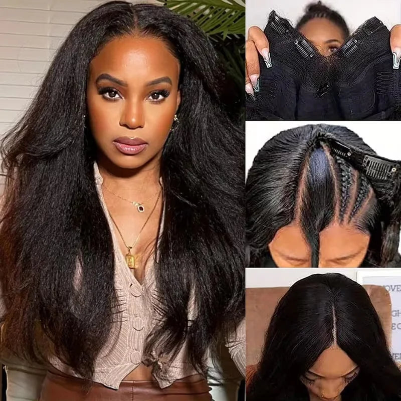 Kinky Straight V Part Human Hair Wig Glueless U Part 100 Percent Human Hair 220 Percent Density Wave 16 To 40 Inches by Beauty Bae