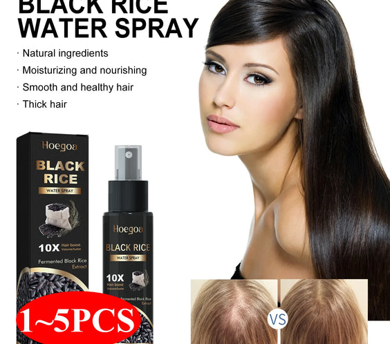 HOEGOA Black Rice Hair Strength Spray 100ml compact spray bottle label shows black rice and ginger extract non-sticky fast-absorbing