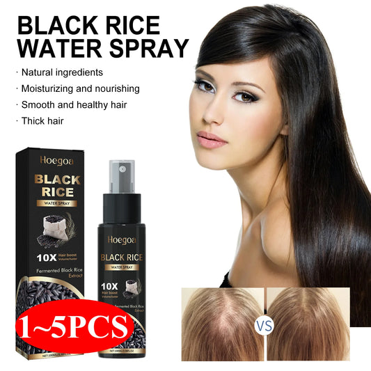 HOEGOA Black Rice Hair Strength Spray 100ml compact spray bottle label shows black rice and ginger extract non-sticky fast-absorbing