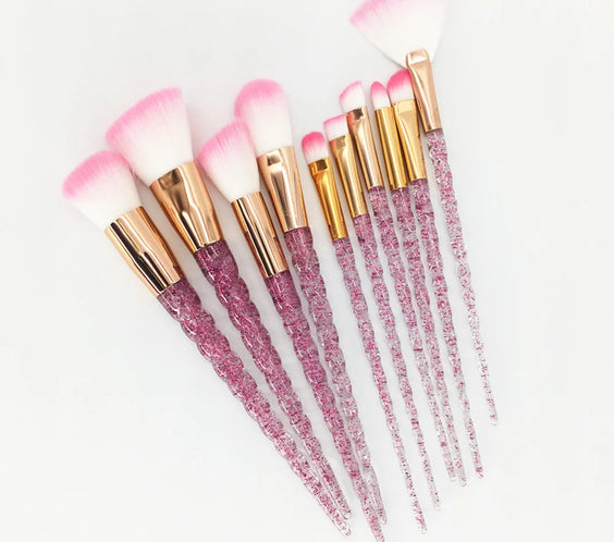 10pc Unicorn Diamond Brush Set clear diamond-style handles colorful synthetic wool-blend bristles 17.5-19.5cm