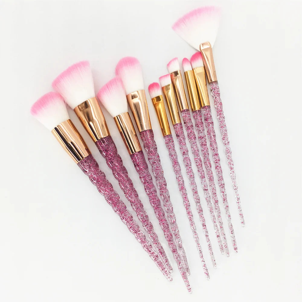 10pc Unicorn Diamond Brush Set clear diamond-style handles colorful synthetic wool-blend bristles 17.5-19.5cm