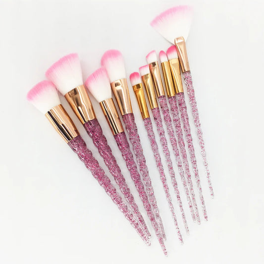 10pc Unicorn Diamond Brush Set clear diamond-style handles colorful synthetic wool-blend bristles 17.5-19.5cm