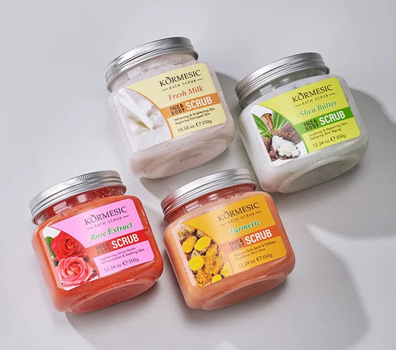 KORMESIC Turmeric Rose Face Scrub cream jar with milk-like moisturizing base and granulated scrub texture facial use