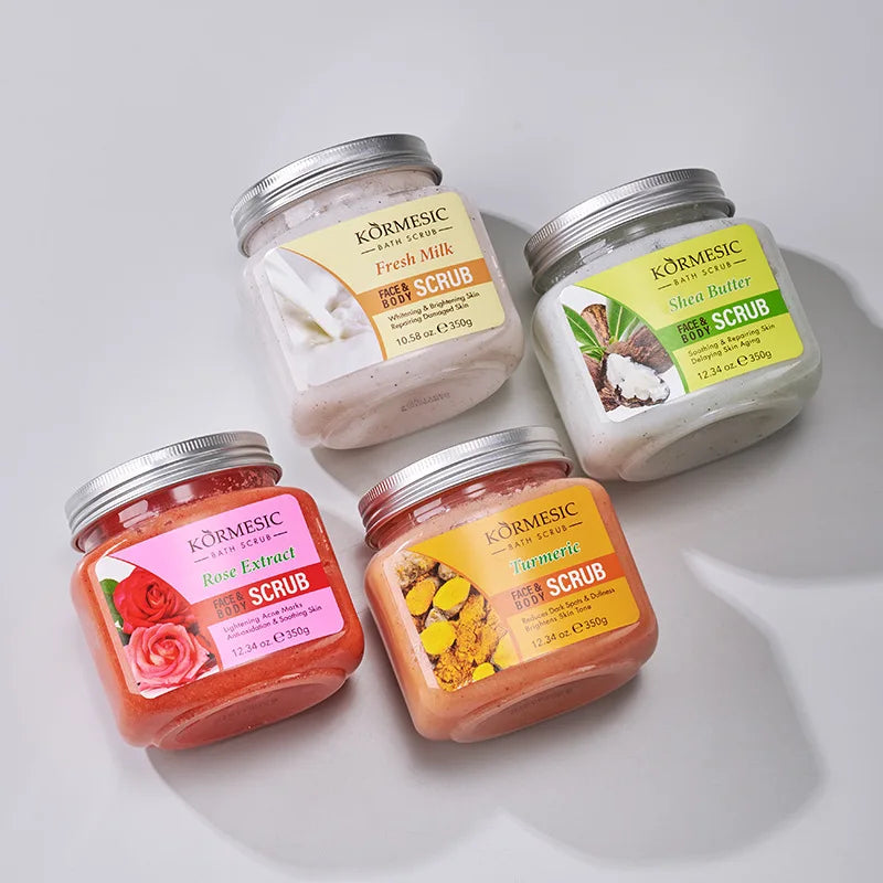 KORMESIC Turmeric Rose Face Scrub cream jar with milk-like moisturizing base and granulated scrub texture facial use