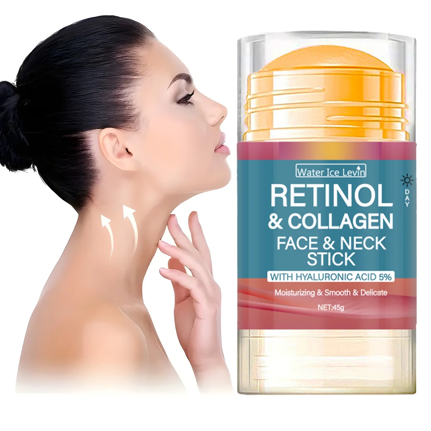 Retinol Collagen Cream Stick 45g twist up stick with cap showing applicator and ingredient labels retinol collagen hyaluronate
