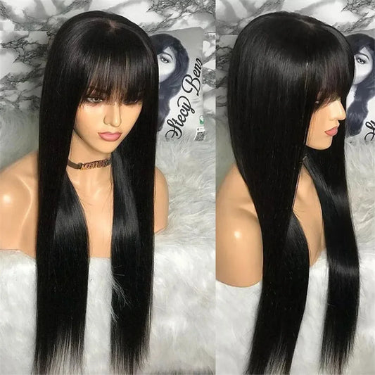 Silky Full Machine Made 100 Percent Brazilian Remy Human Hair Wig With Bangs Straight For Women On Sale by Beauty Bae