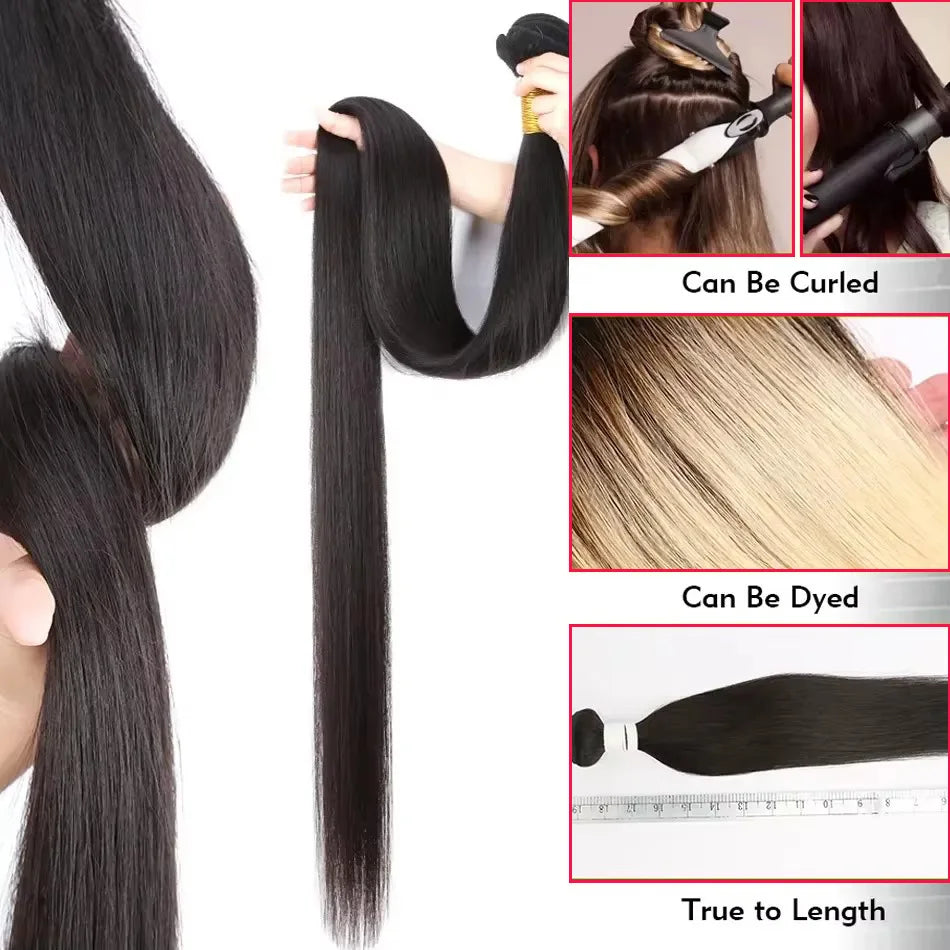 Virgin Brazilian 100 Percent Human Hair Extensions Straight Weave 10A 12A Remy 28 to 40 Inch Natural Black For Women by Beauty Bae