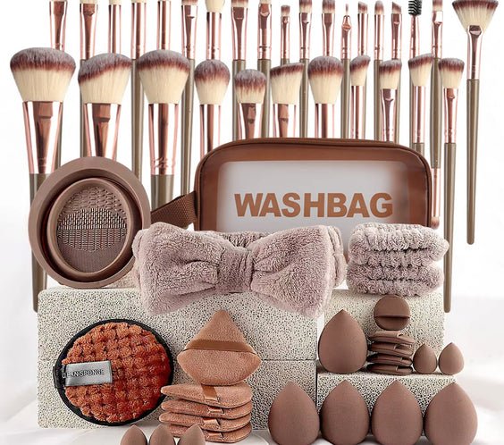 56-Piece Chocolate Brush Kit laid out showing nylon and wool-fiber bristles PU non-latex sponge and PU PVC travel pouch