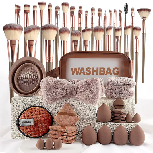 56-Piece Chocolate Brush Kit laid out showing nylon and wool-fiber bristles PU non-latex sponge and PU PVC travel pouch