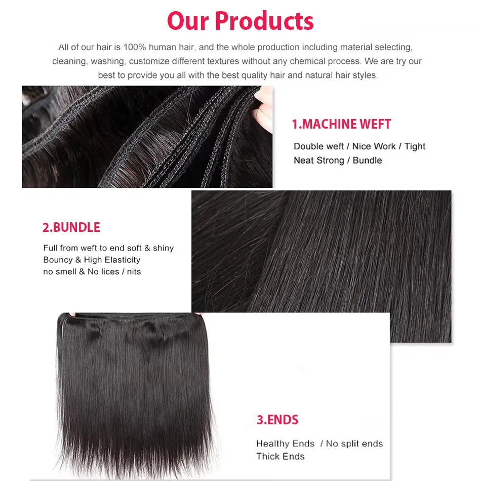 Virgin Brazilian 100 Percent Human Hair Extensions Straight Weave 10A 12A Remy 28 to 40 Inch Natural Black For Women by Beauty Bae