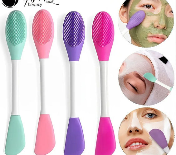 Silicone dual-head face brush 16.5cm with spatula and brush ends pink green rose red purple non-porous silicone