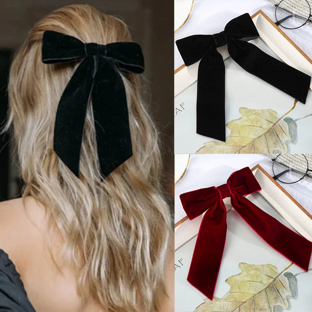 Velvet Bow Hair Barrette for Women and Girls Ponytail Hairpin Red and Black Ribbon Hair Clip Fashion Accessories by Beauty Bae