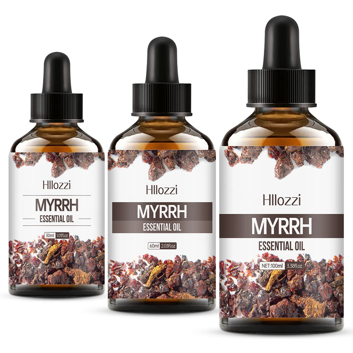 Myrrh Oil amber bottle labeled Guangzhou Juemei CPNP certified steam distilled resin 100ml