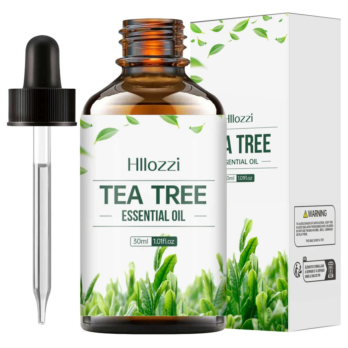 Pure Tea Tree Body Oil 30ml amber bottle with dropper label showing CPNP registration Guangzhou Juemei