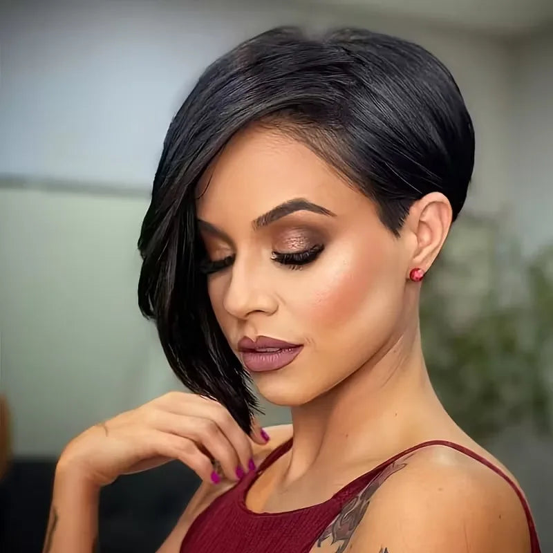 Short Layered Full Machine Made Pixie Wig With Bangs 100 Percent Human Hair Brazilian Remy Daily Wear For Women by Beauty Bae
