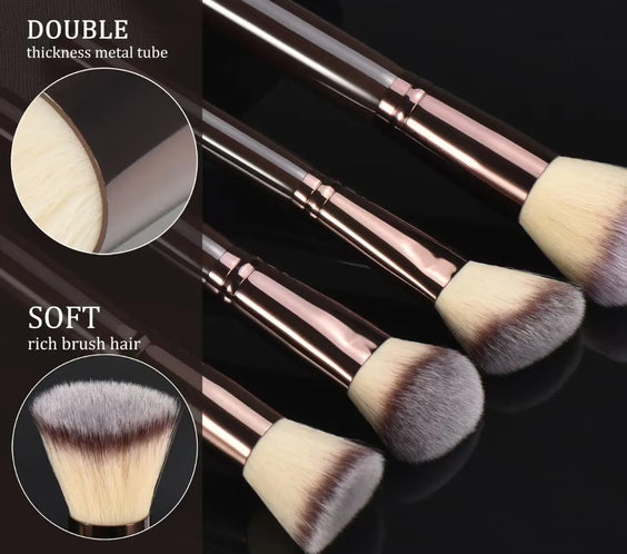 10pc synthetic makeup brush set with wool-like antibacterial bristles aluminum ferrules and wood handles
