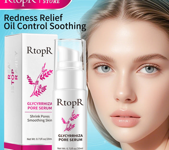 Pore Shrink Essence Serum clear bottle with liquid serum label noting Glycyrrhiza glabra extract xanthan gum CPNP certified