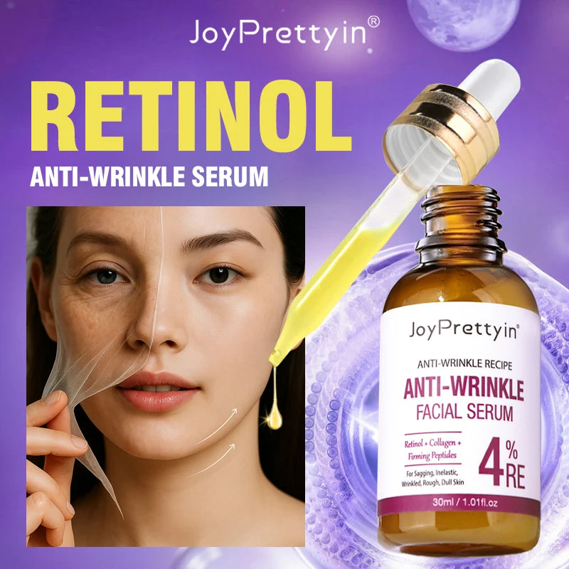 Retinol 4% Anti-Wrinkle Serum 30ml bottle with dropper labeled 8D Hyaluronic Acid Collagen peptides Made in Mainland China