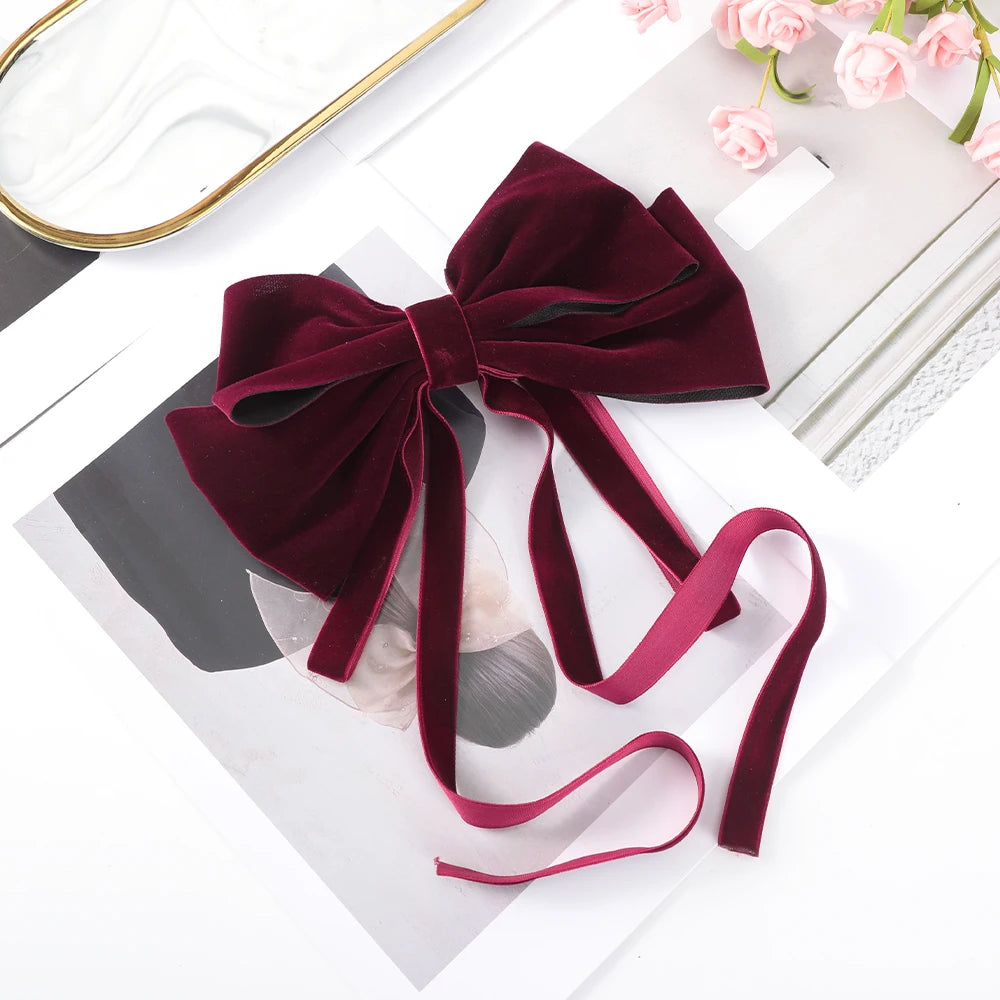 Velvet Bow Hair Barrette for Women and Girls Ponytail Hairpin Red and Black Ribbon Hair Clip Fashion Accessories by Beauty Bae