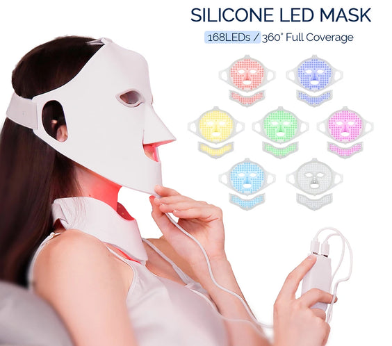 Foreverlily silicone LED therapy mask flexible fit with 168 LEDs 111 face 57 neck adjustable straps CE certified
