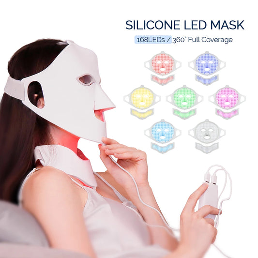 Foreverlily silicone LED therapy mask flexible fit with 168 LEDs 111 face 57 neck adjustable straps CE certified