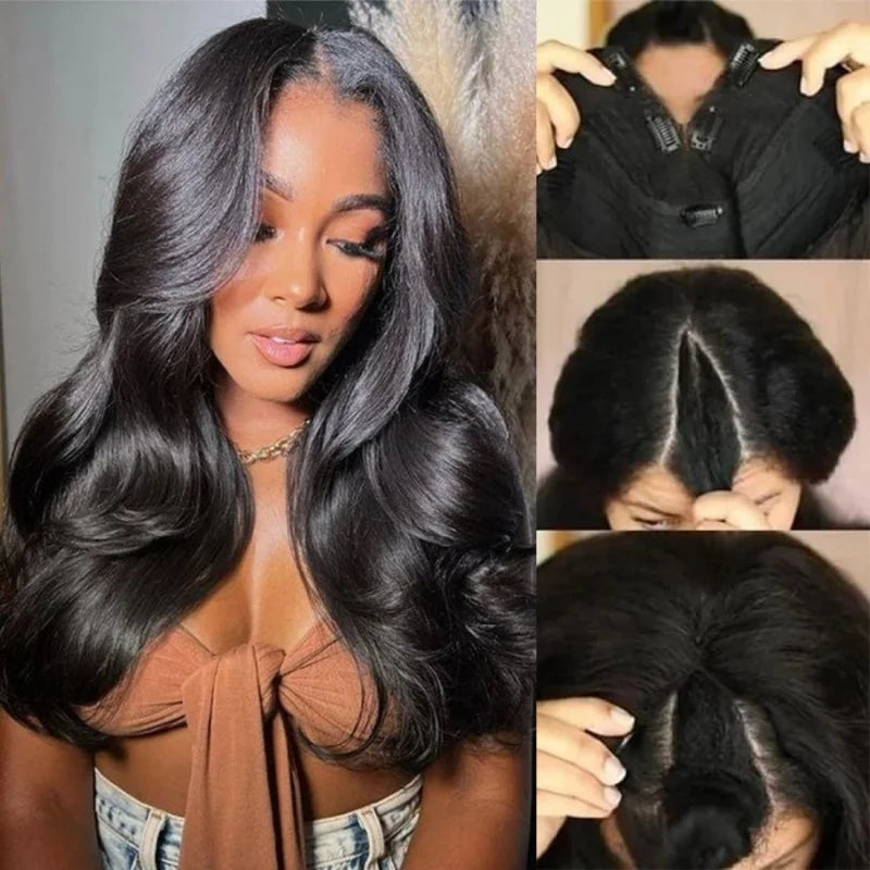 V Part Wig Body Wave Human Hair Glueless Brazilian Remy Wig Natural Color 220 Density V Shape 30 To 36 Inches by Beauty Bae