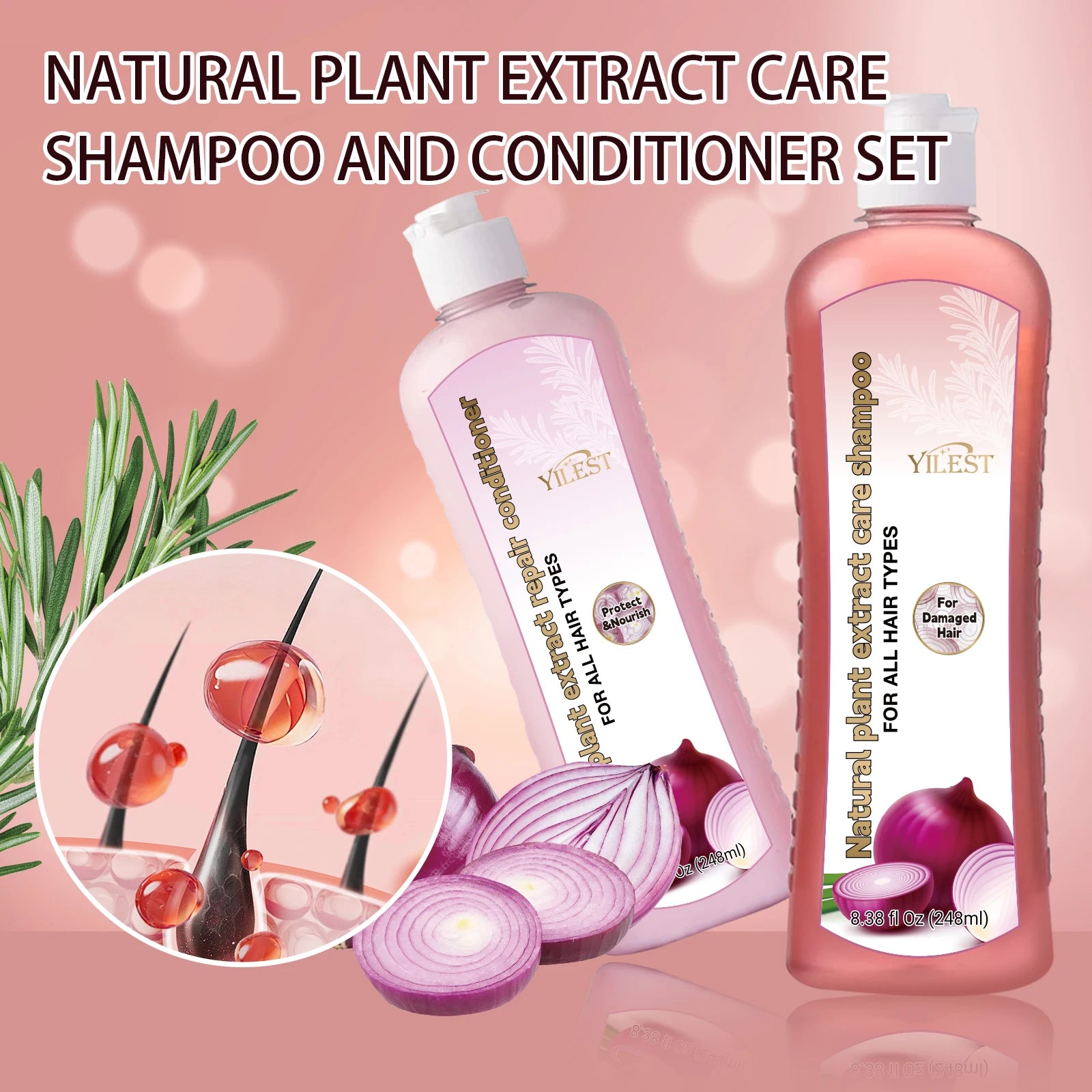 YILEST Natural Plant Shampoo and Conditioner Set 248ml Each for All Hair Types Moisturizes and Strengthens by Beauty Bae
