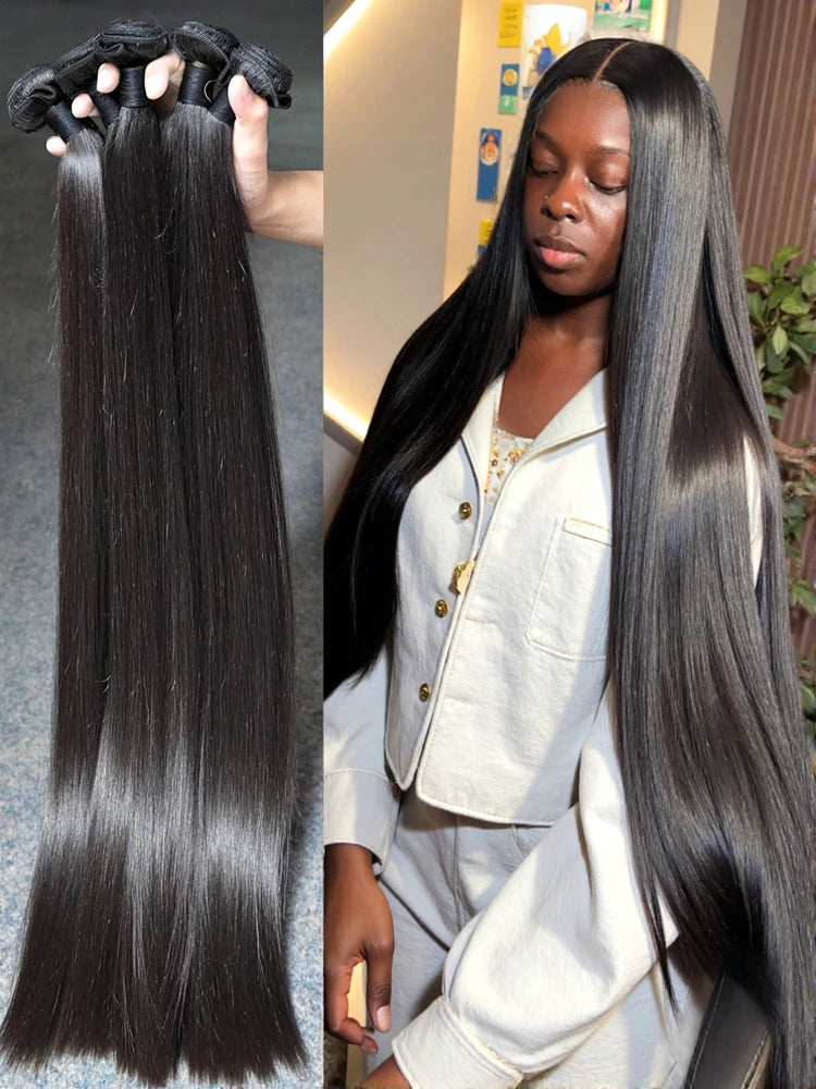 26 28 30 Inches Straight Brazilian Remy Human Hair Bundles Weave 100 Percent DoubleWeft Natural Black For Women by Beauty Bae