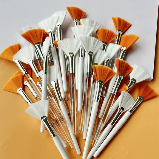 Fan Nylon Foundation Brush with thin nylon fan bristles plated aluminum ferrule 14.6cm plastic handle pack options 10 20 50