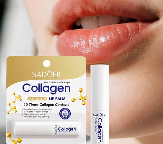 SADOER Collagen Lip Balm 2.7g twist-up stick compact tube showing label and balm tip for moisturizing repair