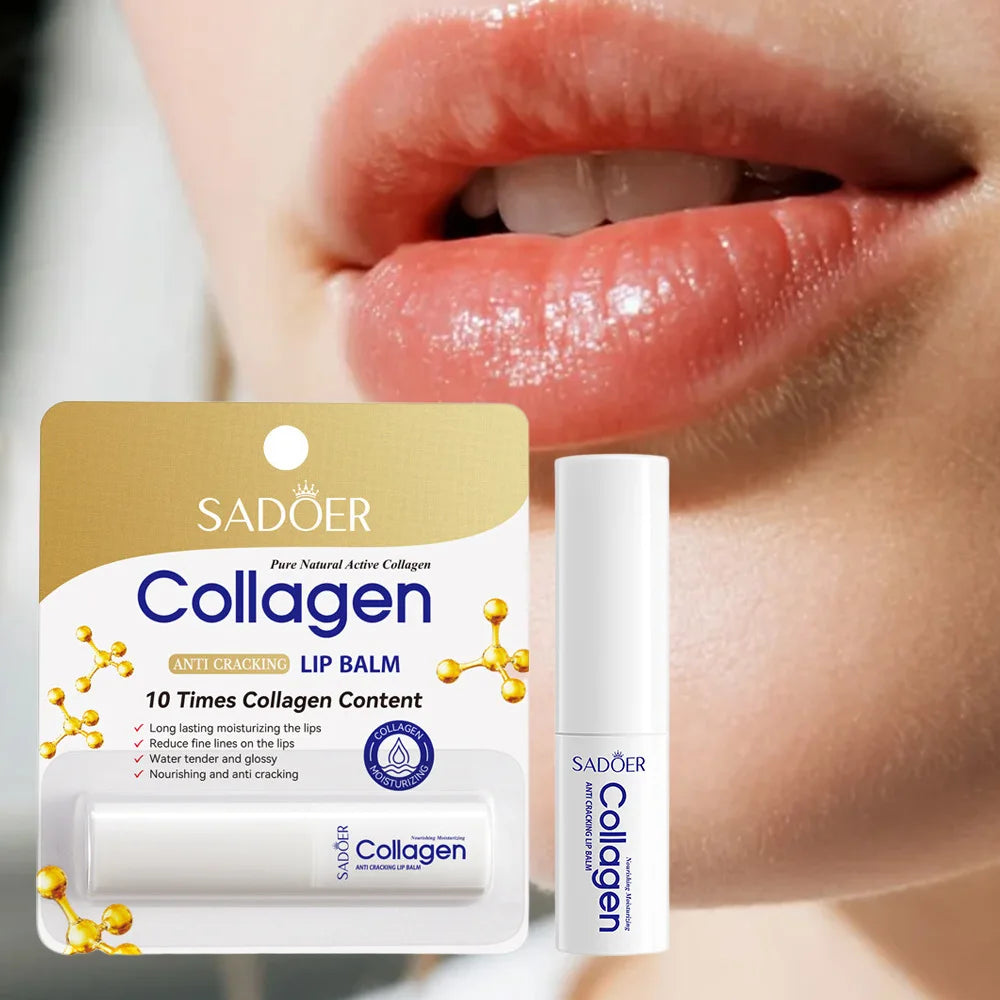 SADOER Collagen Lip Balm 2.7g twist-up stick compact tube showing label and balm tip for moisturizing repair
