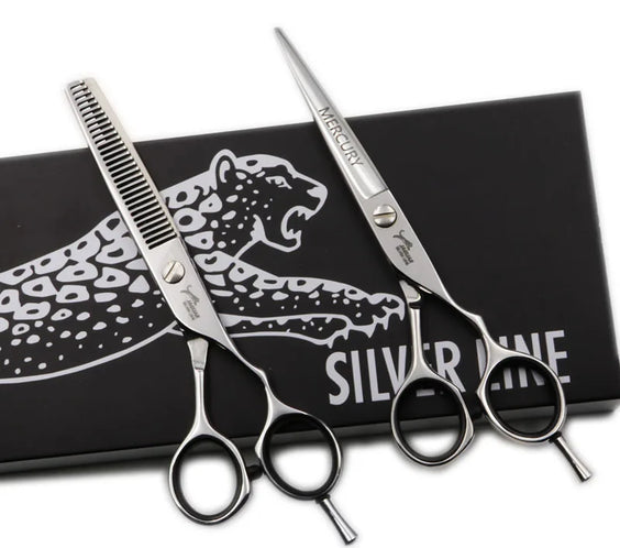 9CR13 6in hair cutting shears with HRC 60 stainless steel blades 30-tooth thinning blade and ergonomic stainless handles