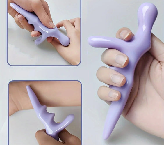Purple T acupressure thumb massager handheld T-shaped tool with thumb and finger nodes for trigger point relief made in Mainland China