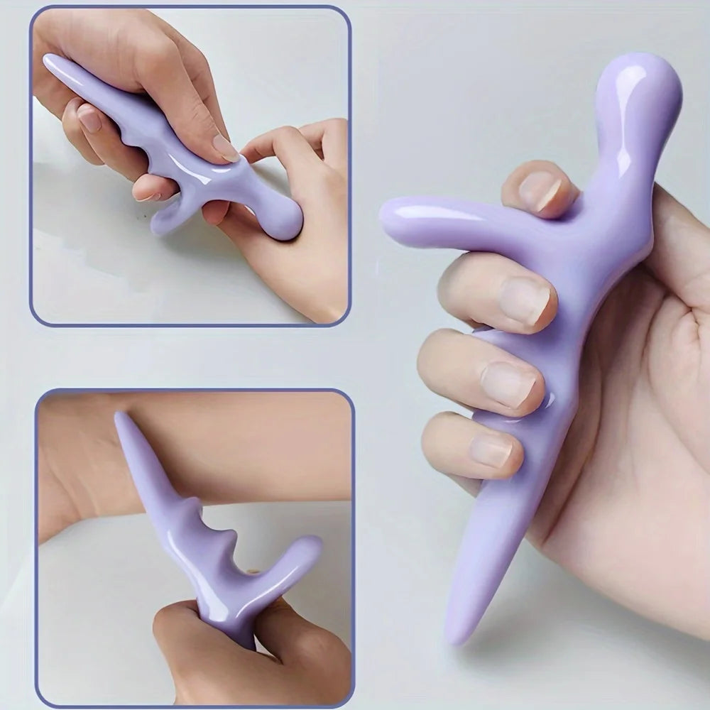 Purple T acupressure thumb massager handheld T-shaped tool with thumb and finger nodes for trigger point relief made in Mainland China