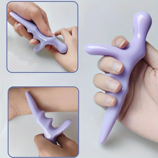 Purple T acupressure thumb massager handheld T-shaped tool with thumb and finger nodes for trigger point relief made in Mainland China