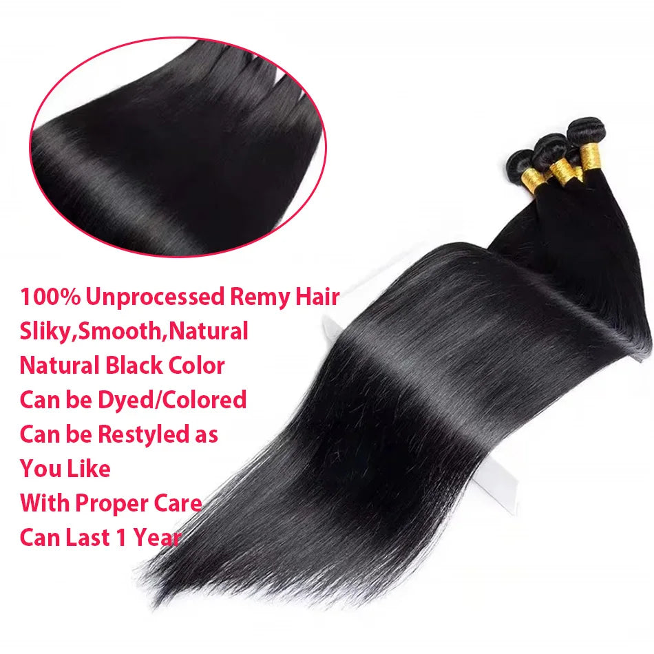 Virgin Brazilian 100 Percent Human Hair Extensions Straight Weave 10A 12A Remy 28 to 40 Inch Natural Black For Women by Beauty Bae