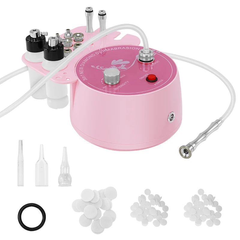 Diamond Microdermabrasion Kit handheld unit with 9 sterile diamond tips 2 vacuum bottles and 110-220V adapters