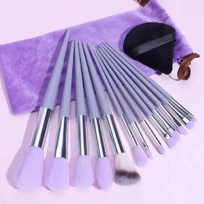 13pc Purple Vegan Brush Kit 13 synthetic brushes 1 black velvet blending sponge 16cm purple handles glossy gift box