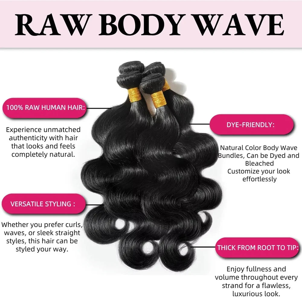 Virgin Brazilian Weave Body Wave Hair 30 to 40 Inch 3 or 4 Bundles Remy 100 Percent Human Hair Extensions Natural Black by Beauty Bae