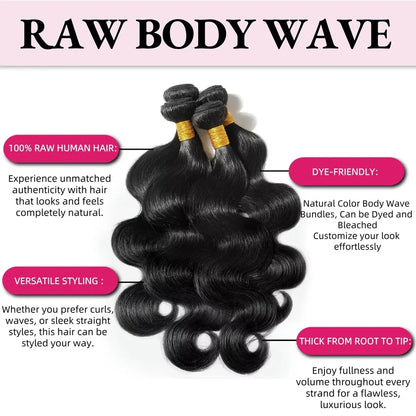Virgin Brazilian Weave Body Wave Hair 30 to 40 Inch 3 or 4 Bundles Remy 100 Percent Human Hair Extensions Natural Black by Beauty Bae
