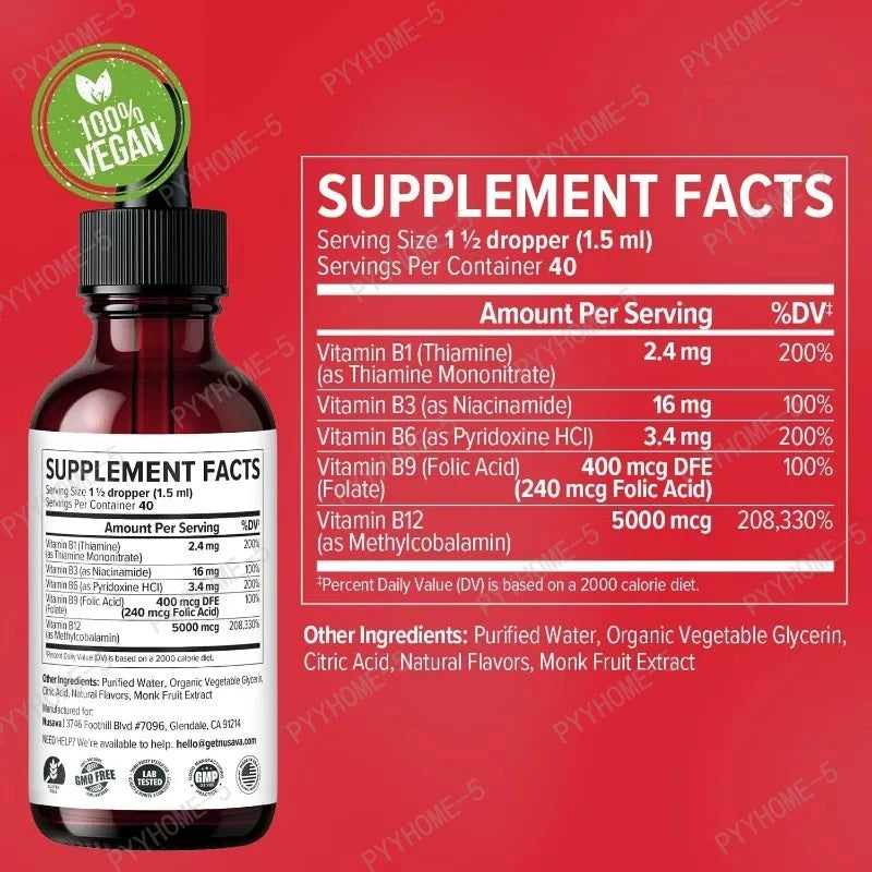Vitamin B12 B6 B1 Liquid Drops Non GMO Raspberry Flavor for Brain Heart Immune Support Metabolism by Beauty Bae