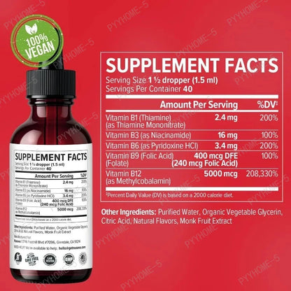 Vitamin B12 B6 B1 Liquid Drops Non GMO Raspberry Flavor for Brain Heart Immune Support Metabolism by Beauty Bae