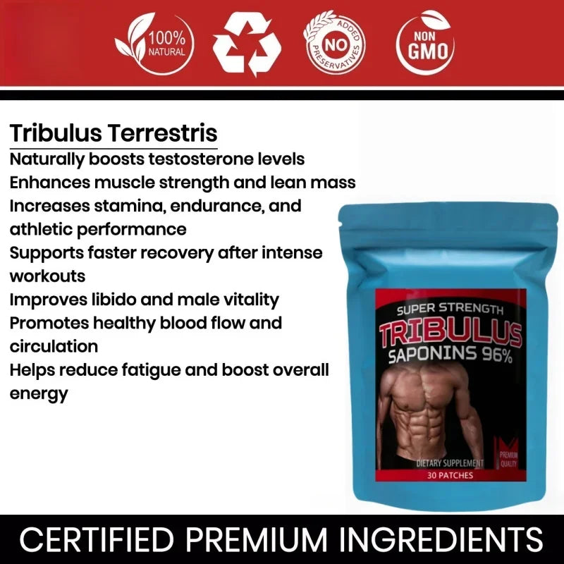 Tribulus Terrestris 5000mcg Extract 96 Percent Saponins Testosterone Booster Transdermal Patches 30 Count by Beauty Bae