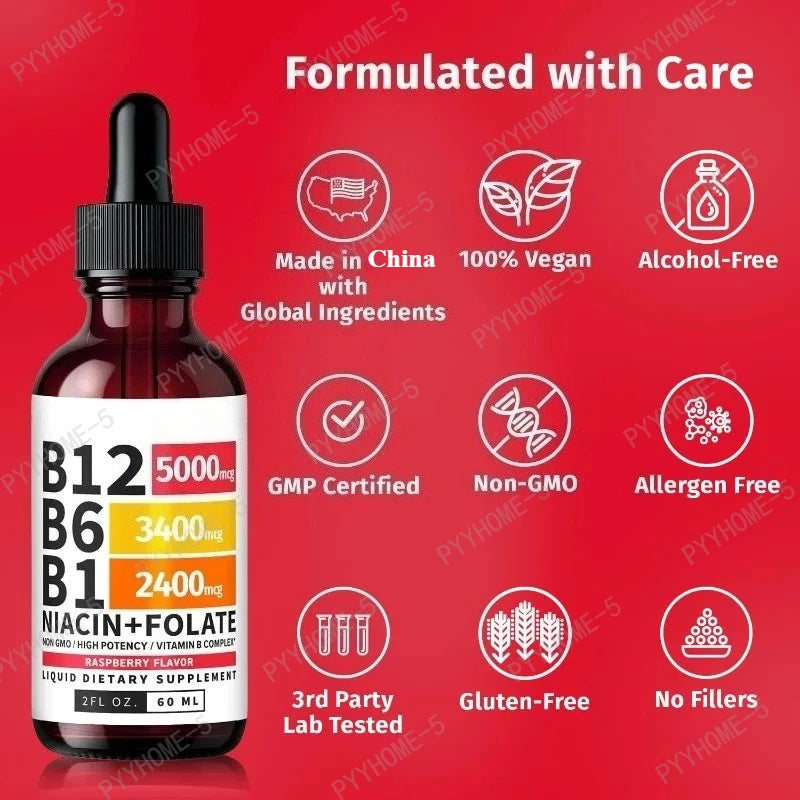 Vitamin B12 B6 B1 Liquid Drops Non GMO Raspberry Flavor for Brain Heart Immune Support Metabolism by Beauty Bae
