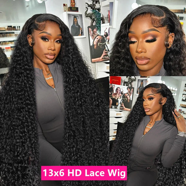 250 Density Water Wave 13x6 HD Transparent Lace Deep Wave Frontal Wig Pre Plucked 100 Percent Human Hair for Black Women by Beauty Bae