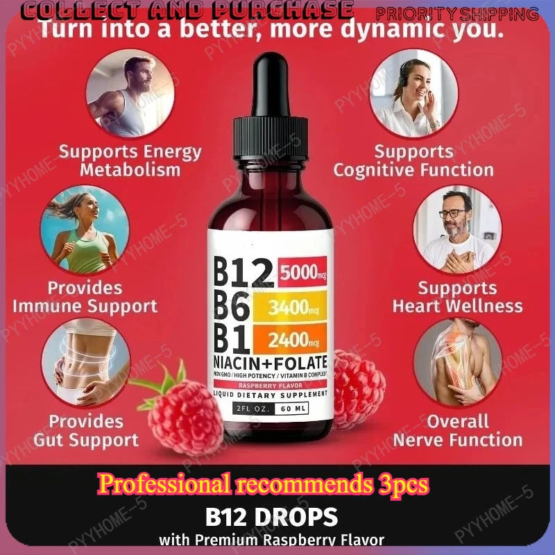 Vitamin B12 B6 B1 Liquid Drops Non GMO Raspberry Flavor for Brain Heart Immune Support Metabolism by Beauty Bae