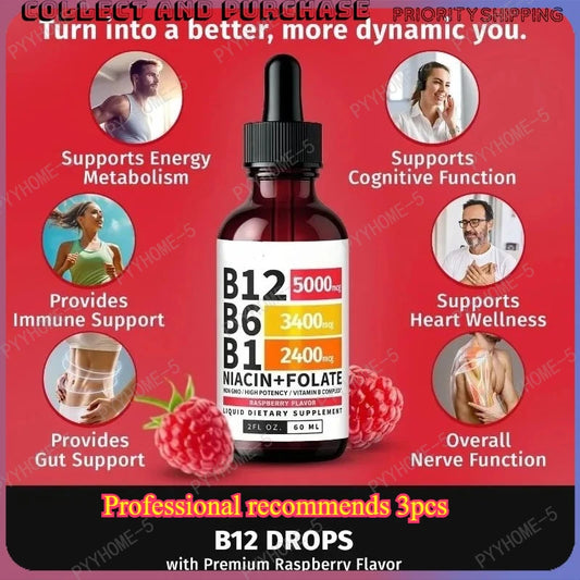 Vitamin B12 B6 B1 Liquid Drops Non GMO Raspberry Flavor for Brain Heart Immune Support Metabolism by Beauty Bae